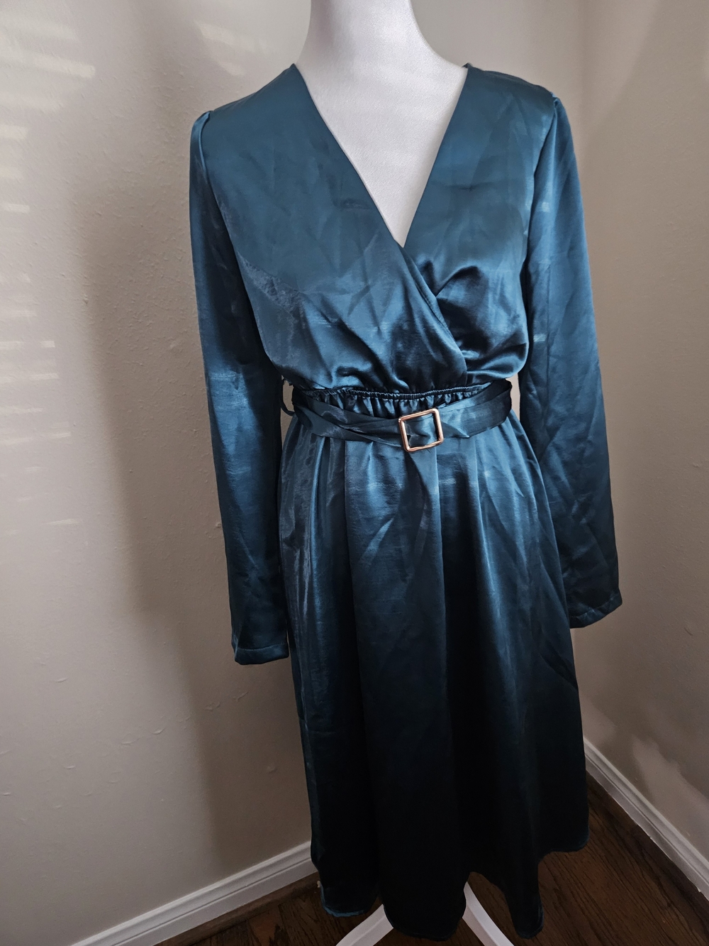 SHEIN Teal Satin Long Sleeve Wrap Dress with Belt